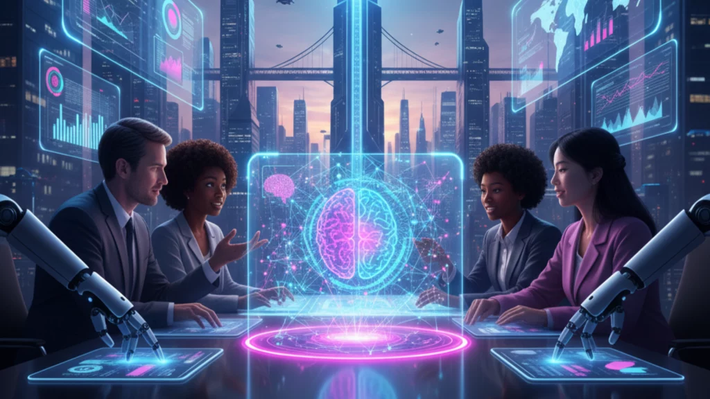 Adaptabilidad humana e IA - profesional colaborando con sistemas cognitivos en oficina moderna