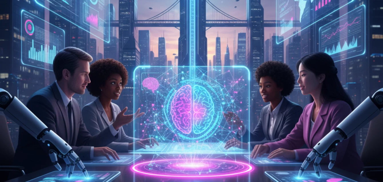 adaptabilidad-humana-ia-2026-01 Adaptabilidad humana e IA - profesional colaborando con sistemas cognitivos en oficina moderna