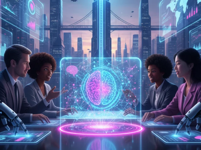 Adaptabilidad humana e IA - profesional colaborando con sistemas cognitivos en oficina moderna