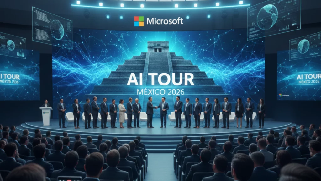 AI Tour México 2026 - Auditorio con expertos y logotipos de Microsoft - Innovación tecnológica