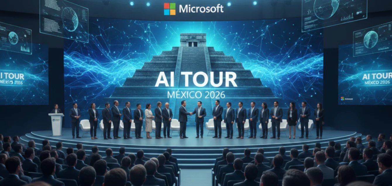 ai-tour-mexico-2026-microsoft-infraestructura AI Tour México 2026 - Auditorio con expertos y logotipos de Microsoft - Innovación tecnológica
