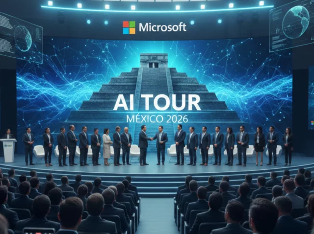 AI Tour México 2026 - Auditorio con expertos y logotipos de Microsoft - Innovación tecnológica