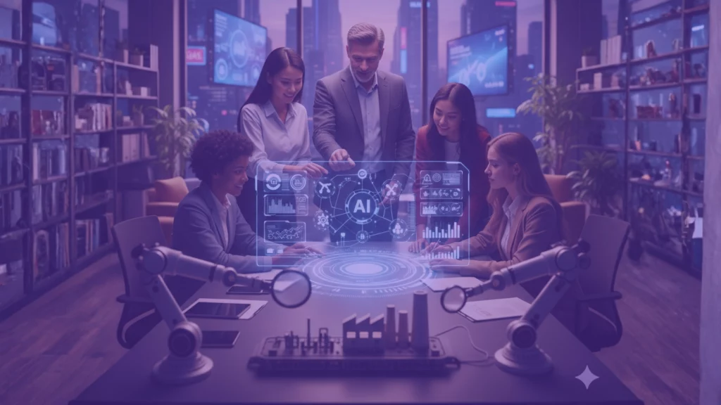 Equipo de trabajo en una oficina moderna analizando datos de crecimiento empresarial mediante una interfaz digital de inteligencia artificial (IA).