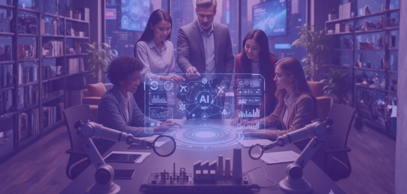 artificial-pymes-exito Equipo de trabajo en una oficina moderna analizando datos de crecimiento empresarial mediante una interfaz digital de inteligencia artificial (IA).