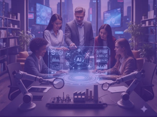 Equipo de trabajo en una oficina moderna analizando datos de crecimiento empresarial mediante una interfaz digital de inteligencia artificial (IA).