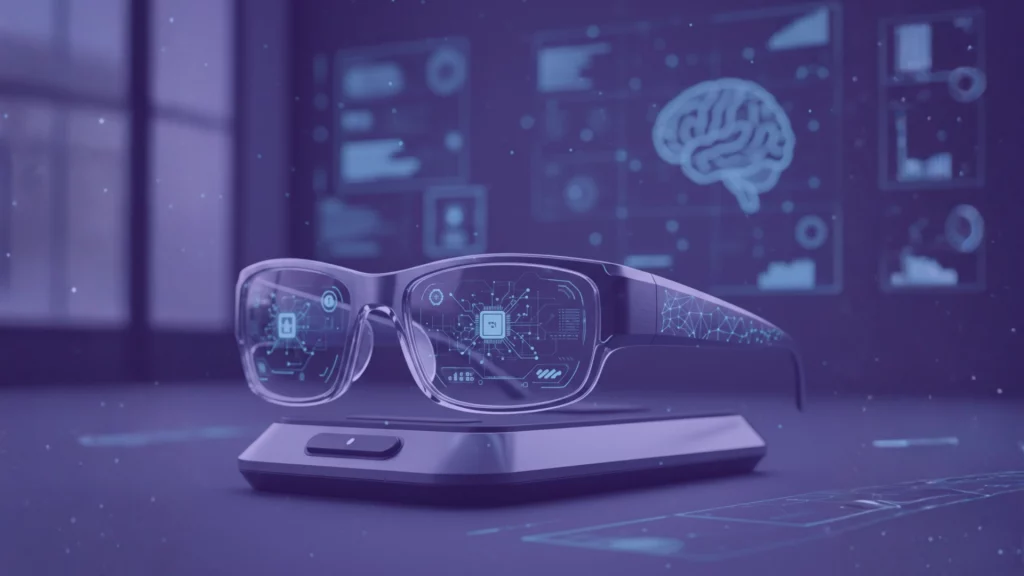 Gafas con IA de tecnología china mostrando interfaz holográfica sobre la vista del usuario para sustituir el móvil.