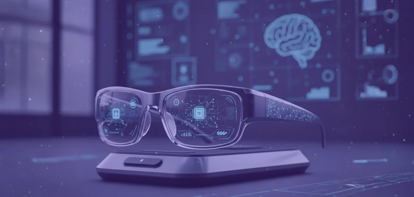 gafas-ia-tecnologia-china-2026 Gafas con IA de tecnología china mostrando interfaz holográfica sobre la vista del usuario para sustituir el móvil.
