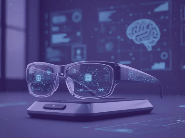 Gafas con IA de tecnología china mostrando interfaz holográfica sobre la vista del usuario para sustituir el móvil.