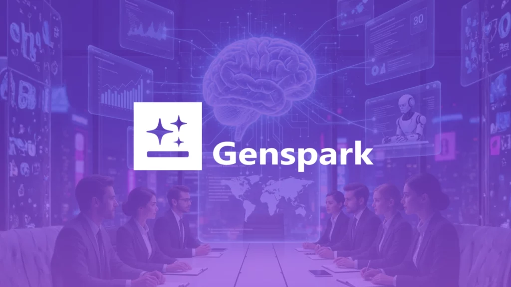 Representación conceptual de Genspark AI en una sala de juntas ejecutiva, mostrando un cerebro digital holográfico, interfaces de datos y agentes inteligentes analizando información global.