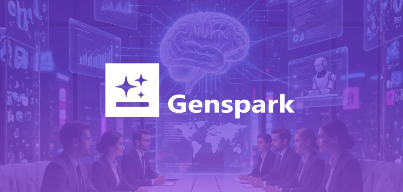 genspark-ai-empresas-productividad Representación conceptual de Genspark AI en una sala de juntas ejecutiva, mostrando un cerebro digital holográfico, interfaces de datos y agentes inteligentes analizando información global.