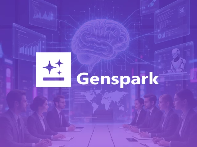 Representación conceptual de Genspark AI en una sala de juntas ejecutiva, mostrando un cerebro digital holográfico, interfaces de datos y agentes inteligentes analizando información global.