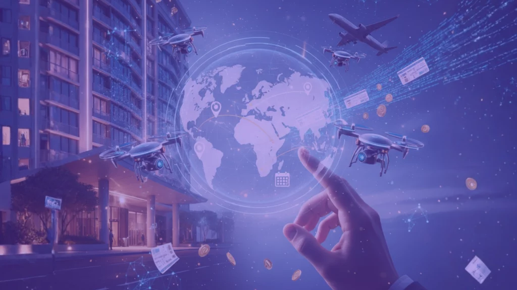 Representación visual de IA agéntica en turismo con una mano interactuando con un holograma del mundo, aviones, hoteles modernos y flujos de datos digitales.