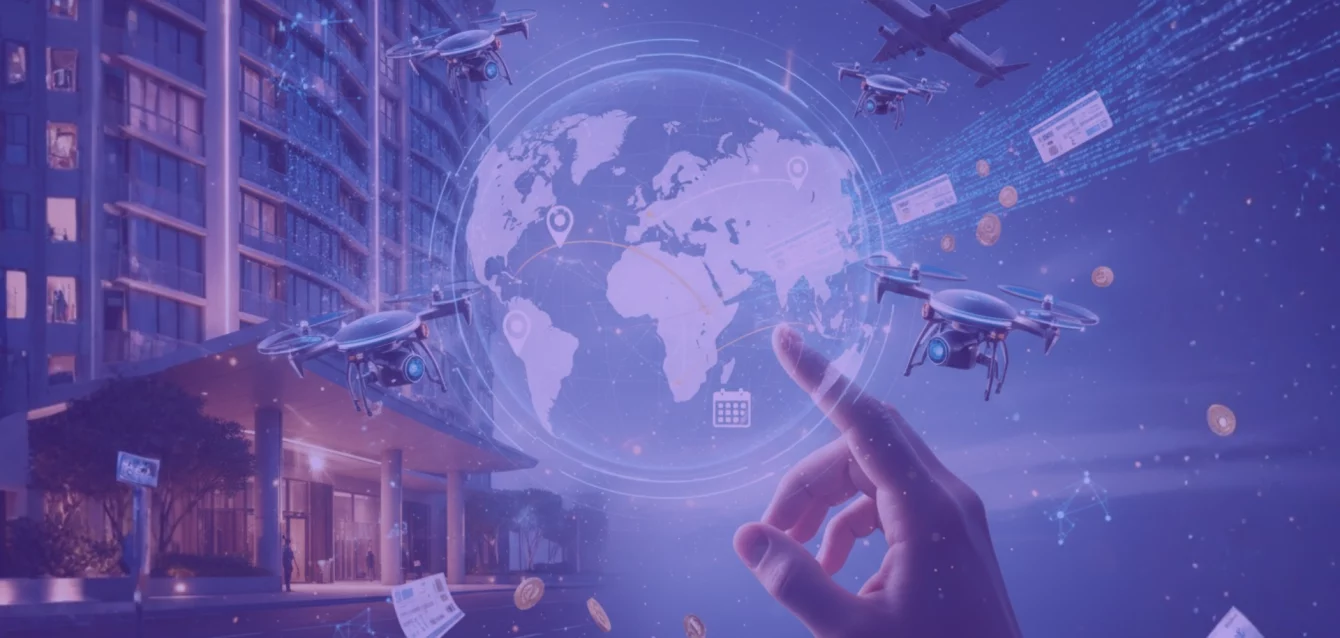 Representación visual de IA agéntica en turismo con una mano interactuando con un holograma del mundo, aviones, hoteles modernos y flujos de datos digitales.