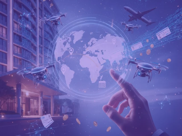 Representación visual de IA agéntica en turismo con una mano interactuando con un holograma del mundo, aviones, hoteles modernos y flujos de datos digitales.