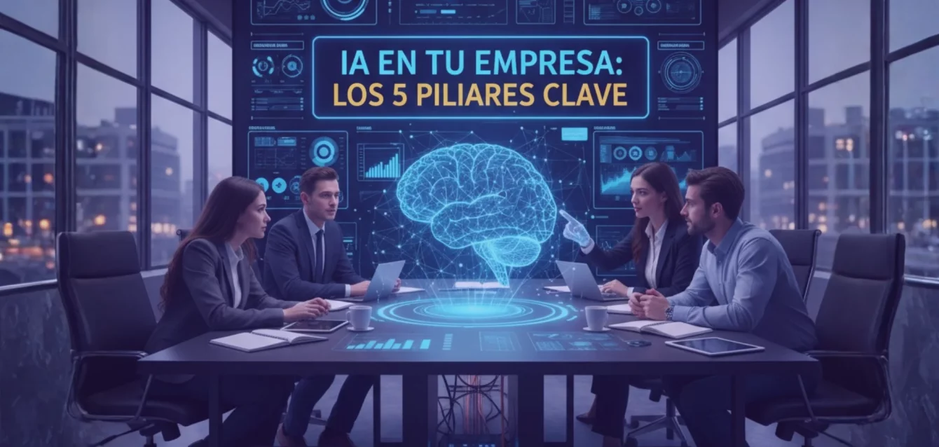 ia-empresa-pilares-estrategicos Equipo de profesionales en una sala de juntas moderna analizando un holograma de un cerebro digital y paneles de datos, representando la implementación de IA en la empresa.