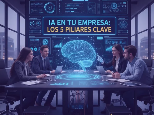 Equipo de profesionales en una sala de juntas moderna analizando un holograma de un cerebro digital y paneles de datos, representando la implementación de IA en la empresa.