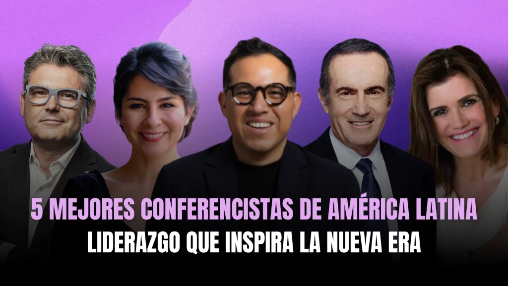 Los 5 mejores conferencistas de América Latina sobre fondo púrpura con el texto Liderazgo que inspira la nueva era.