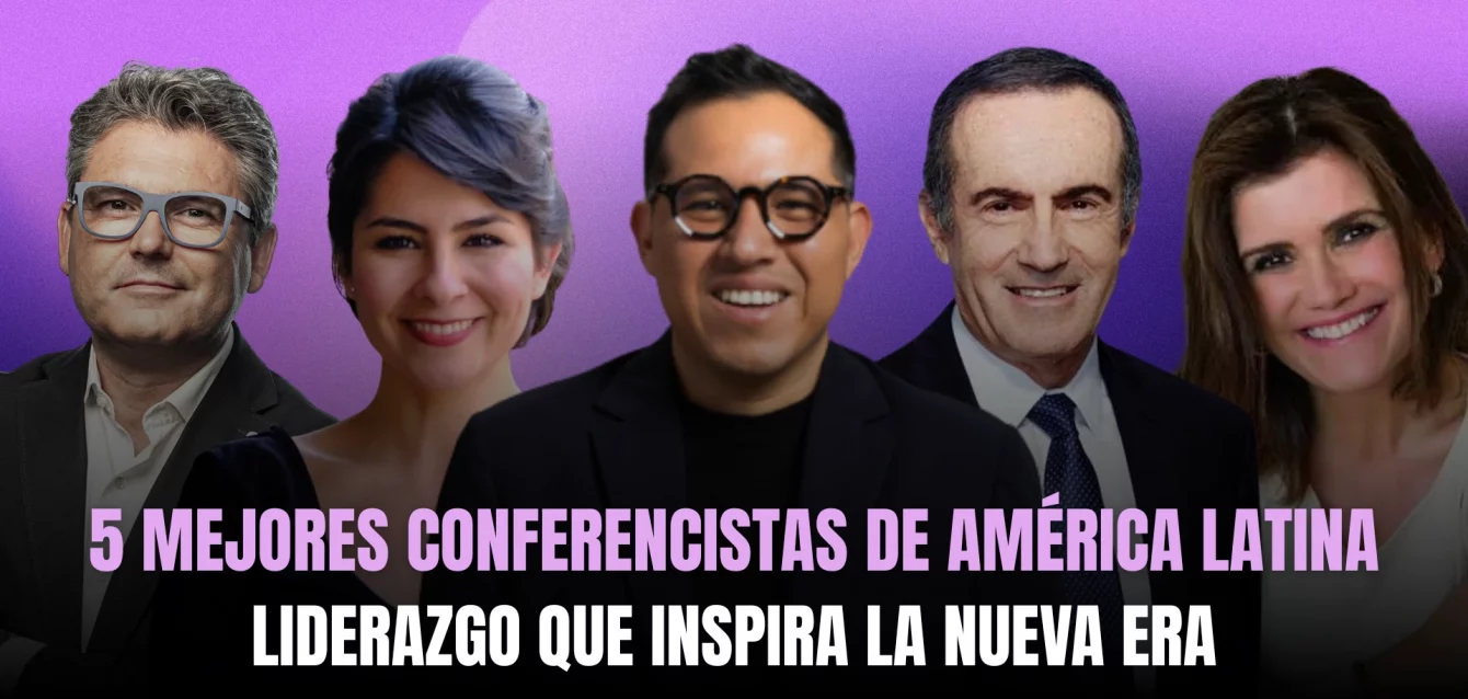 mejores-conferencistas-america-latina-liderazgo Los 5 mejores conferencistas de América Latina sobre fondo púrpura con el texto Liderazgo que inspira la nueva era.