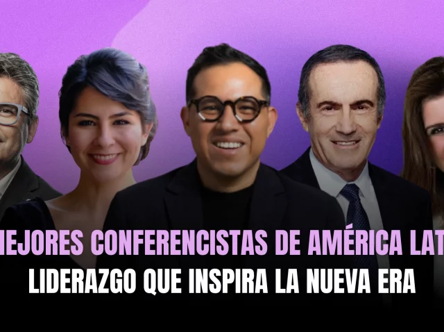 Los 5 mejores conferencistas de América Latina sobre fondo púrpura con el texto Liderazgo que inspira la nueva era.