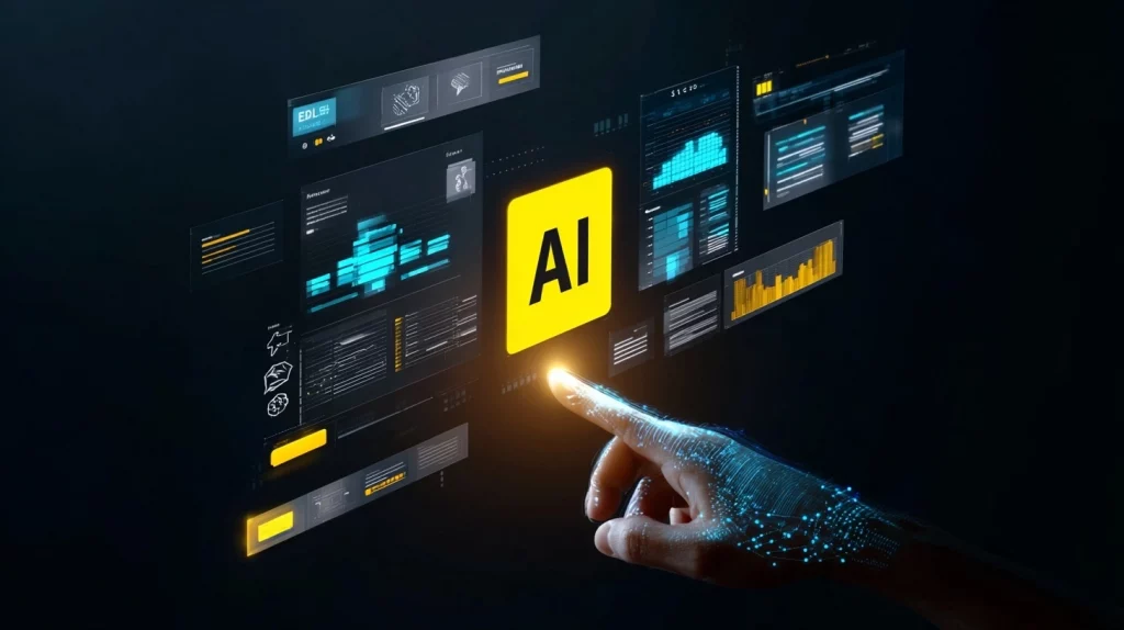 Un desarrollador de software en 2026 orquestando múltiples agentes de inteligencia artificial que generan código en tiempo real sobre una interfaz holográfica de arquitectura de sistemas.