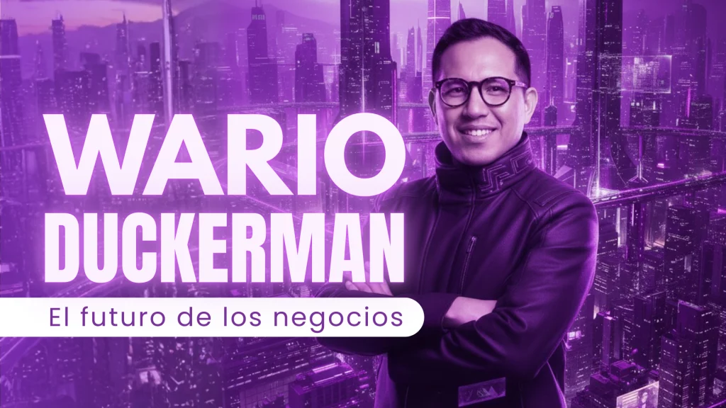 Wario Duckerman presentando estrategias de inteligencia artificial en una ciudad futurista.