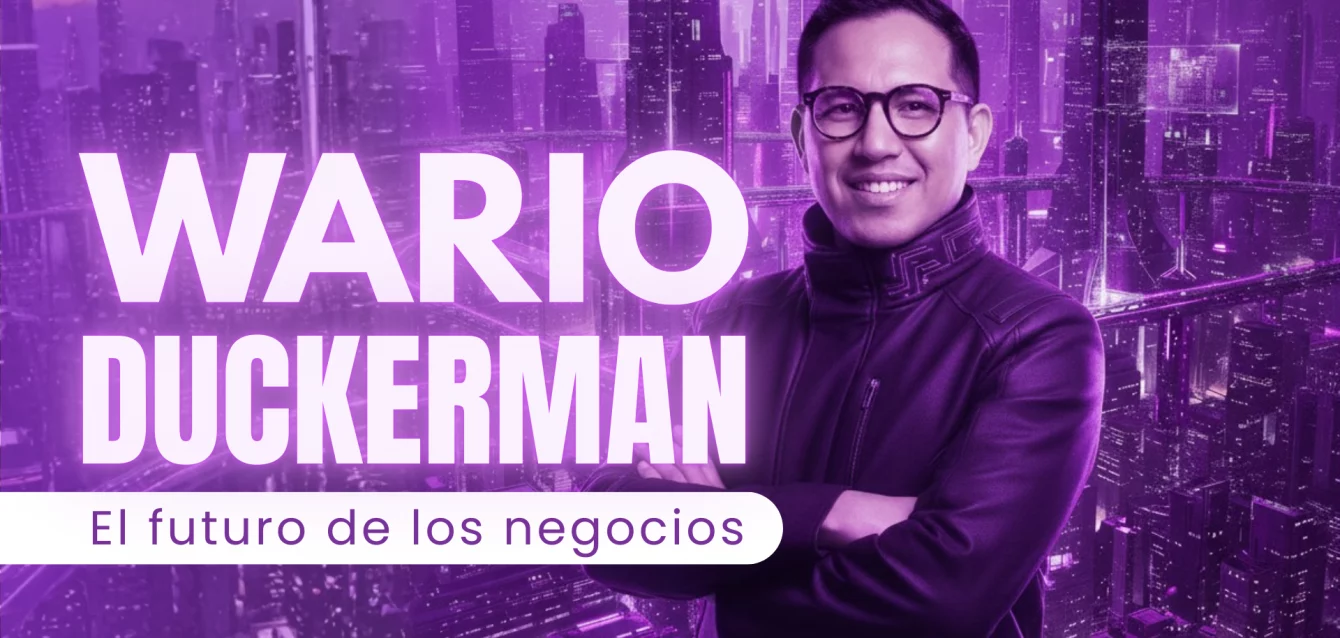 wario-duckerman-experto-ia-mexico-conferencias Wario Duckerman presentando estrategias de inteligencia artificial en una ciudad futurista.
