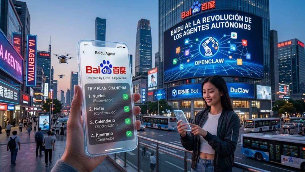 Interfaz de la aplicación de Baidu mostrando agentes de IA y tecnología OpenClaw en China.