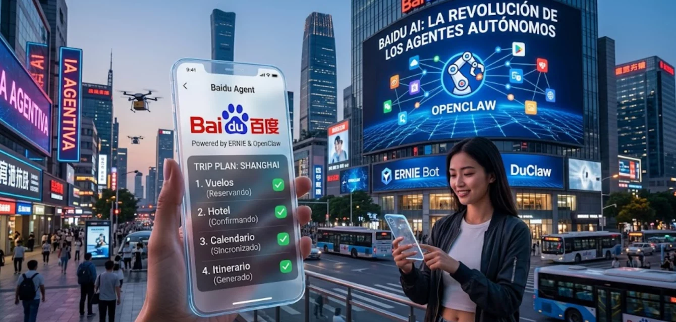 Interfaz de la aplicación de Baidu mostrando agentes de IA y tecnología OpenClaw en China.