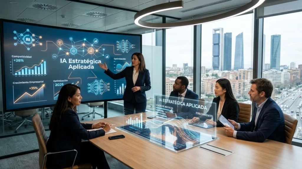 IA estratégica aplicada - equipo ejecutivo analizando gráficos de datos inteligentes en oficina moderna