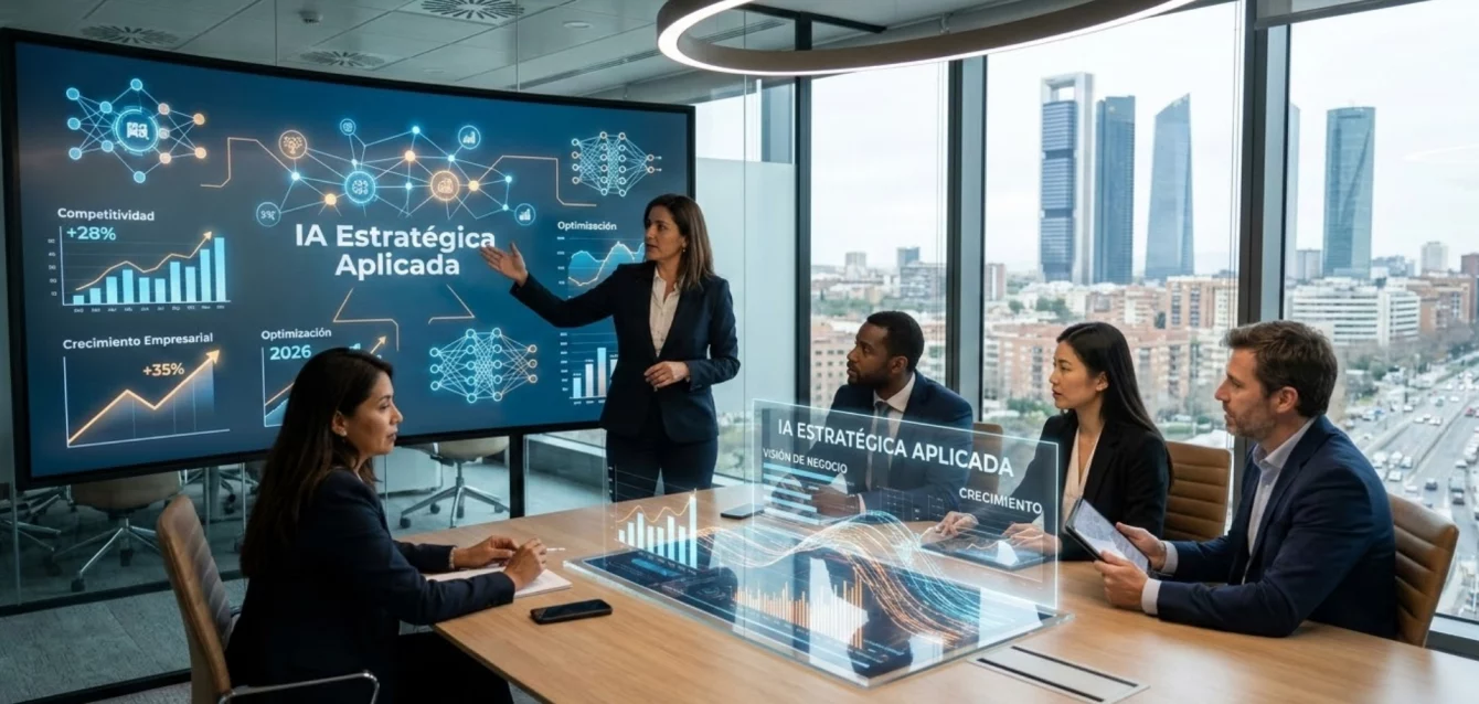 IA estratégica aplicada - equipo ejecutivo analizando gráficos de datos inteligentes en oficina moderna