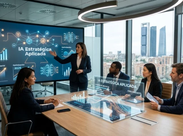 IA estratégica aplicada - equipo ejecutivo analizando gráficos de datos inteligentes en oficina moderna