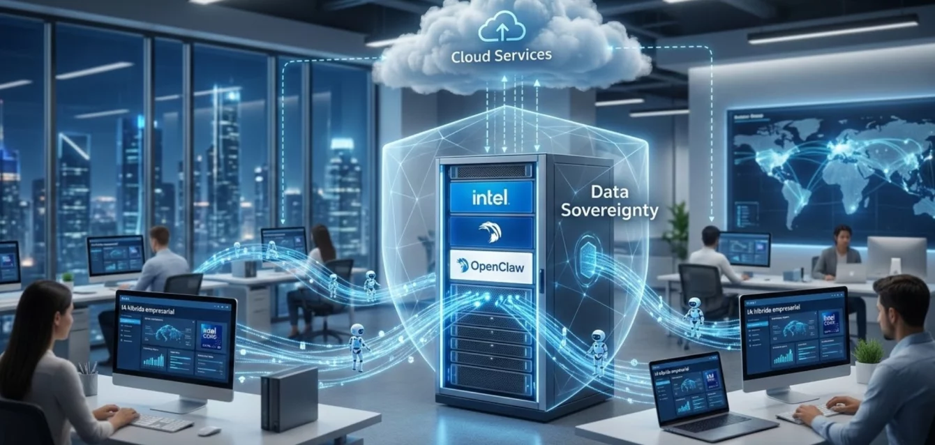 IA híbrida empresarial - servidor y computadora - tecnología Intel