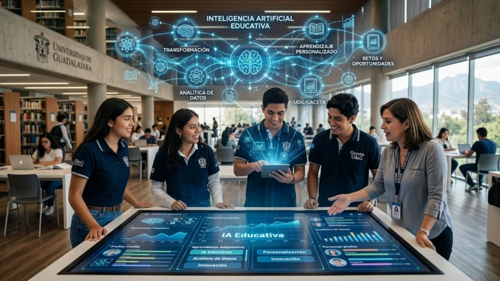Inteligencia artificial educativa - Estudiante usando tablet con gráficos de IA en aula moderna.