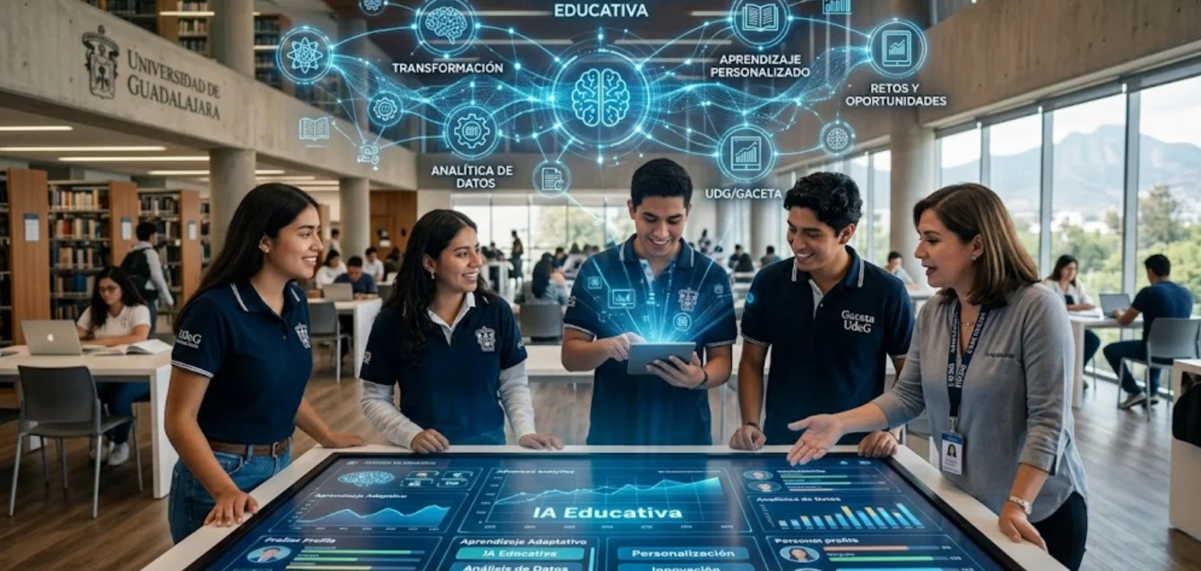 Inteligencia artificial educativa - Estudiante usando tablet con gráficos de IA en aula moderna.