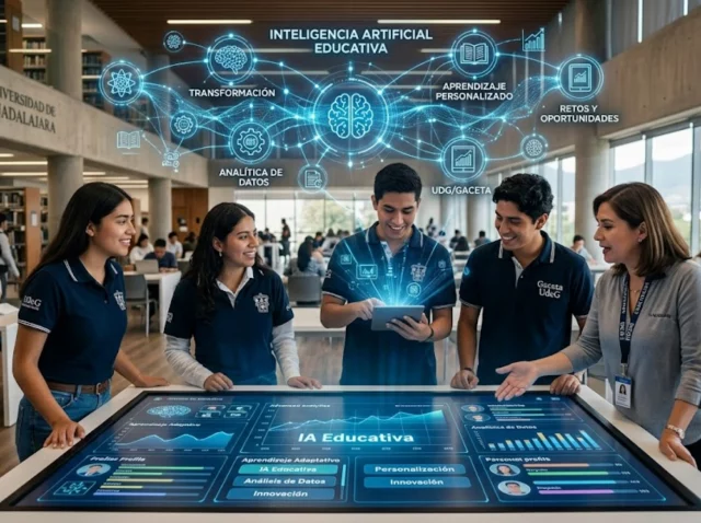 Inteligencia artificial educativa - Estudiante usando tablet con gráficos de IA en aula moderna.