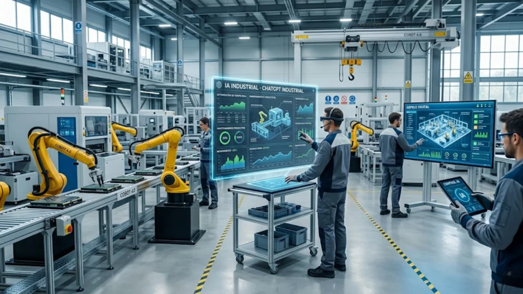 Planta de fabricación inteligente con brazos robóticos y paneles de control de IA generativa.