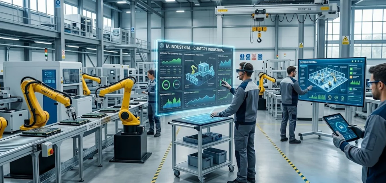 Planta de fabricación inteligente con brazos robóticos y paneles de control de IA generativa.
