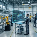 Planta de fabricación inteligente con brazos robóticos y paneles de control de IA generativa.