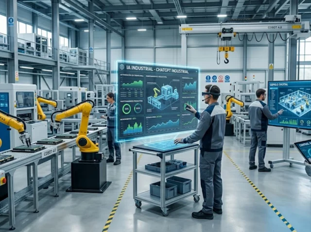 Planta de fabricación inteligente con brazos robóticos y paneles de control de IA generativa.
