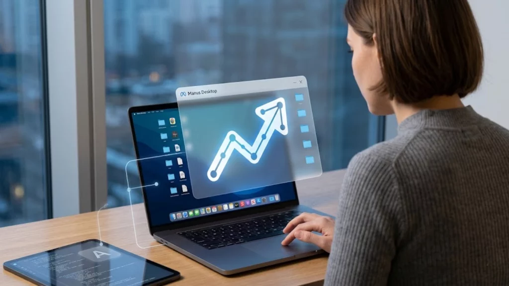 Interfaz de Manus de Meta ejecutándose en una laptop y gestionando archivos y aplicaciones localmente.