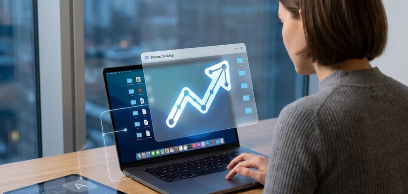 Interfaz de Manus de Meta ejecutándose en una laptop y gestionando archivos y aplicaciones localmente.