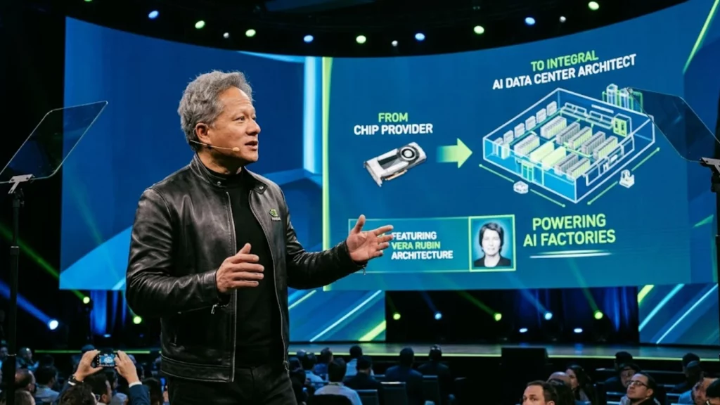 Jensen Huang, CEO de Nvidia, presentando la arquitectura Vera Rubin y el concepto de AI factories.