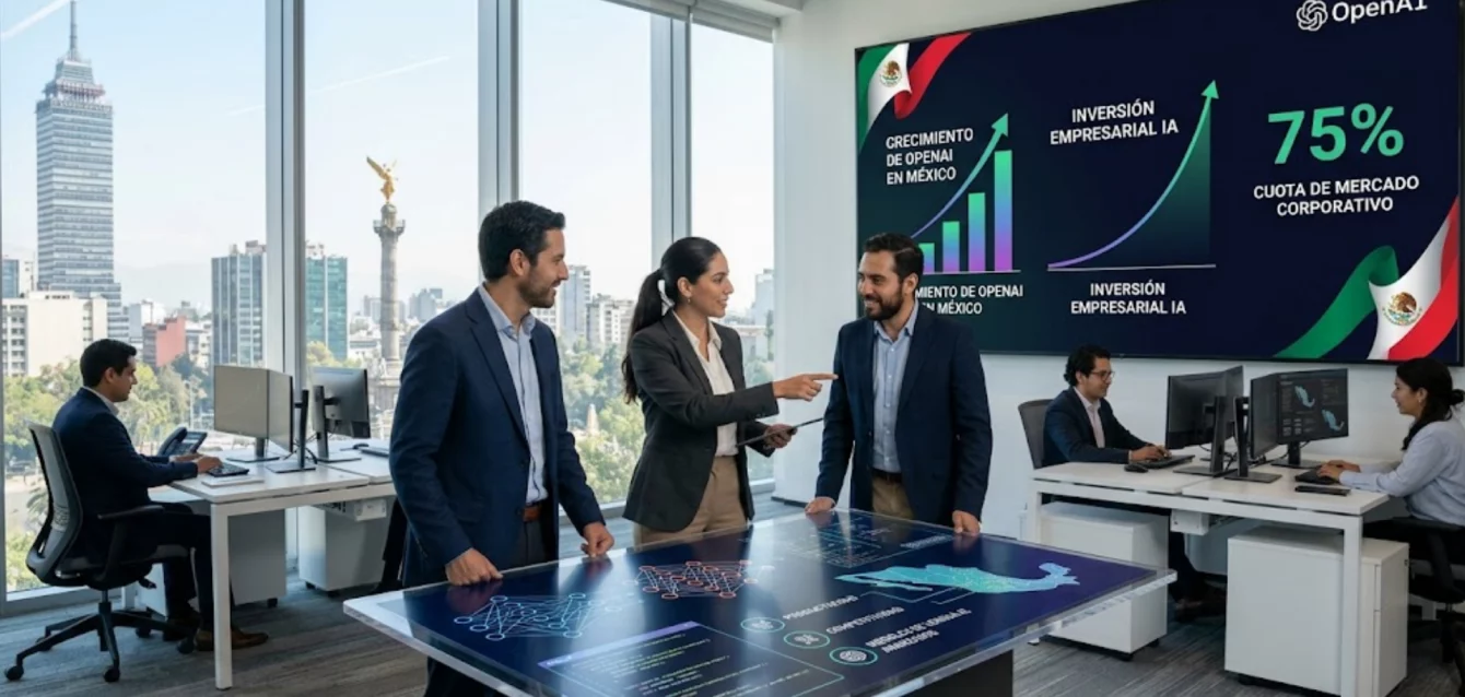openai-ia-mexico-2026-01 OpenAI en México - oficinas modernas con tecnología de inteligencia artificial empresarial