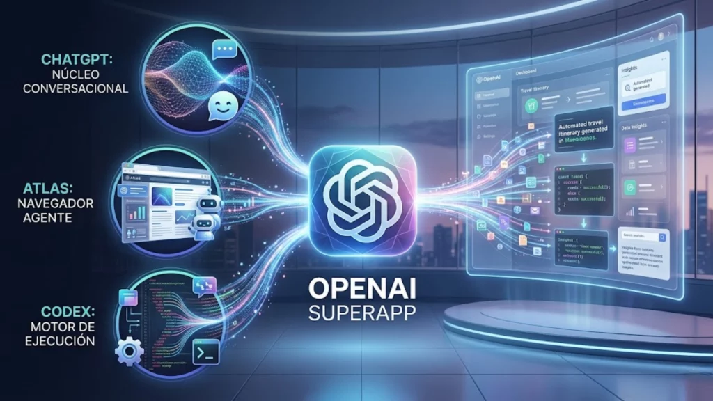 Interfaz conceptual de la SuperApp de OpenAI unificando ChatGPT, Atlas y Codex.
