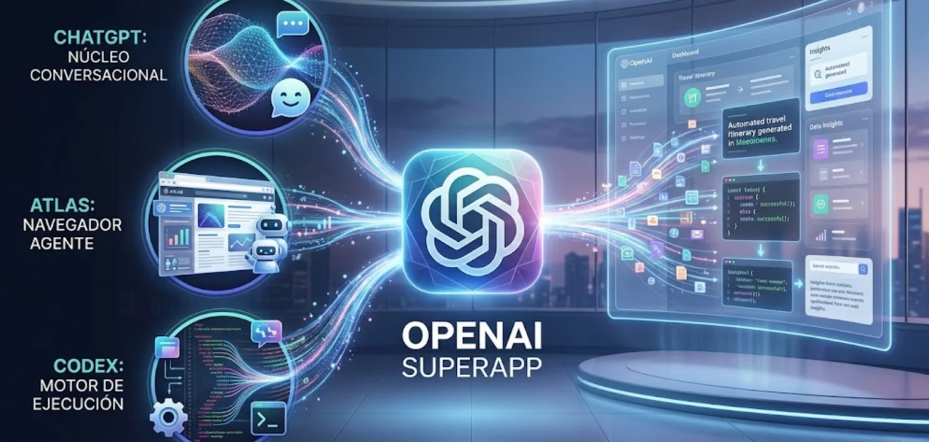 openai-superapp-unificacion-chatgpt-atlas-codex Interfaz conceptual de la SuperApp de OpenAI unificando ChatGPT, Atlas y Codex.