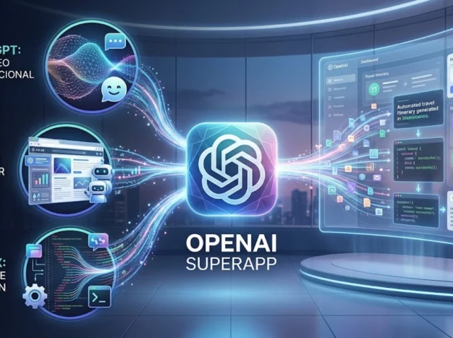Interfaz conceptual de la SuperApp de OpenAI unificando ChatGPT, Atlas y Codex.