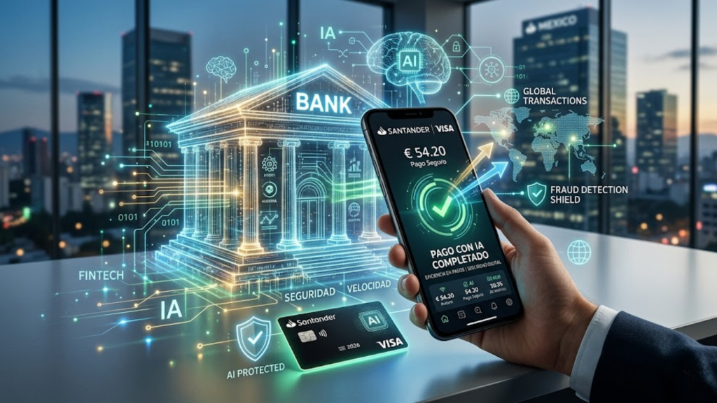 Pagos con IA - smartphone procesando transacción bancaria segura - tecnología financiera Santander y Visa