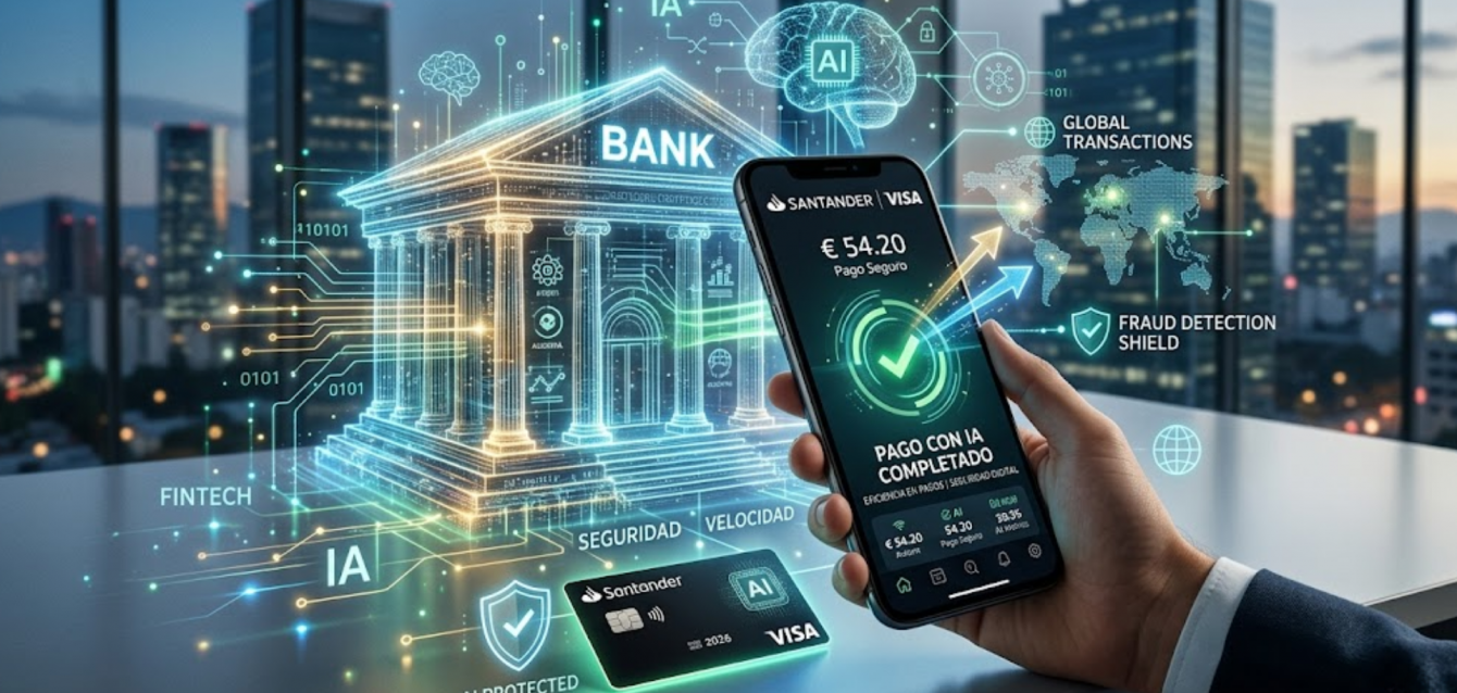 Pagos con IA - smartphone procesando transacción bancaria segura - tecnología financiera Santander y Visa