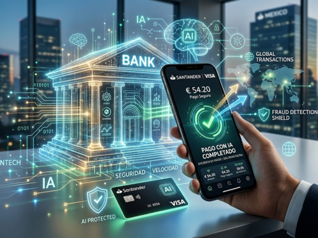 Pagos con IA - smartphone procesando transacción bancaria segura - tecnología financiera Santander y Visa