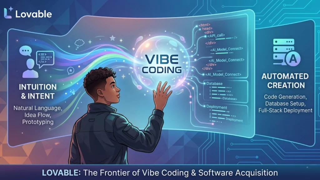 Interfaz de la plataforma Lovable mostrando el concepto de Vibe Coding y desarrollo de apps con IA.